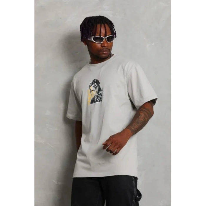 Erkek Baskılı T-Shirt Kısa Kol Bisiklet Yaka Regular Fit Rahat Kalıp Günlük Tişört - Gri