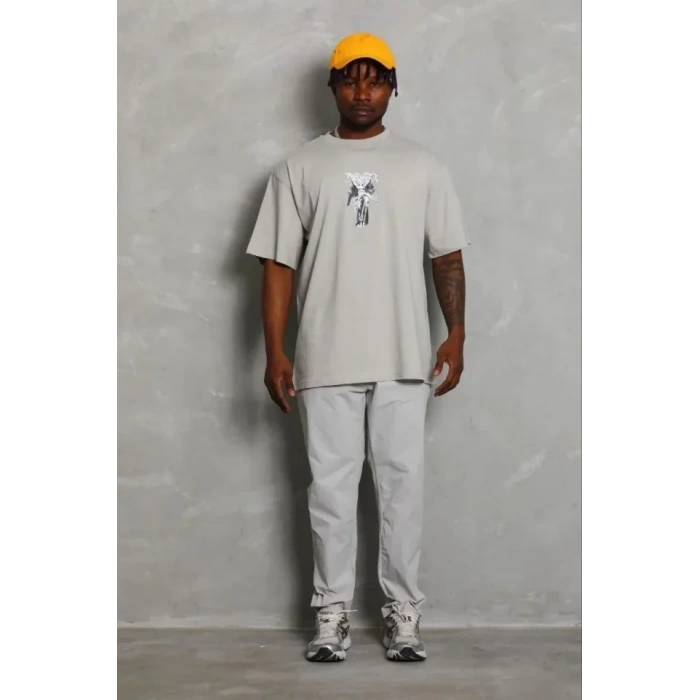 Erkek Baskılı T-Shirt Kısa Kol Bisiklet Yaka Regular Fit Rahat Kalıp Günlük Tişört - Gri