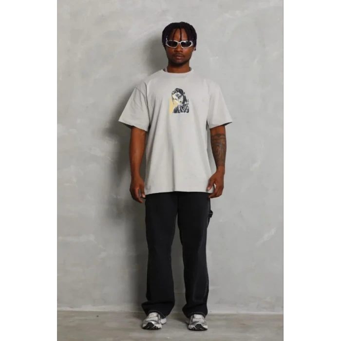 Erkek Baskılı T-Shirt Kısa Kol Bisiklet Yaka Regular Fit Rahat Kalıp Günlük Tişört - Gri