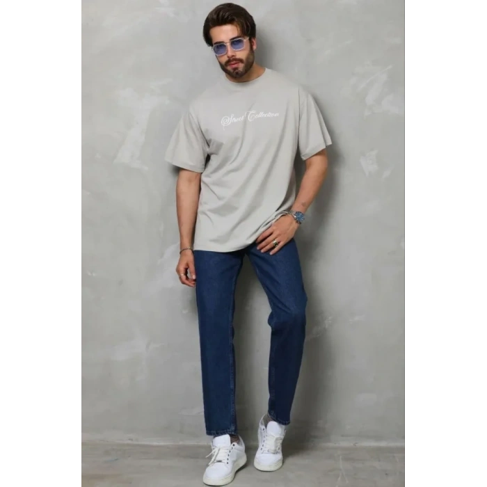 Erkek Baskılı T-Shirt Kısa Kol Bisiklet Yaka Regular Fit Rahat Kalıp Günlük Tişört - Gri