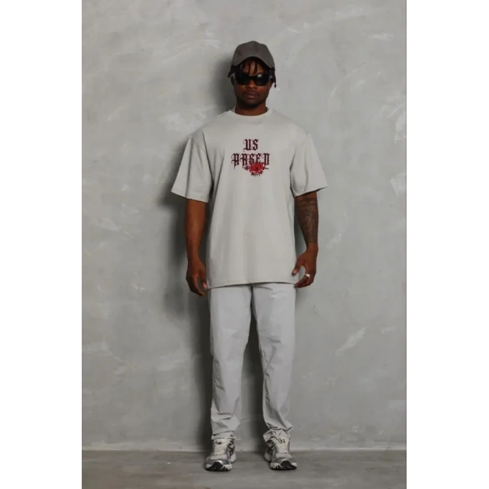 Erkek Baskılı T-Shirt Kısa Kol Bisiklet Yaka Regular Fit Rahat Kalıp Günlük Tişört - Gri