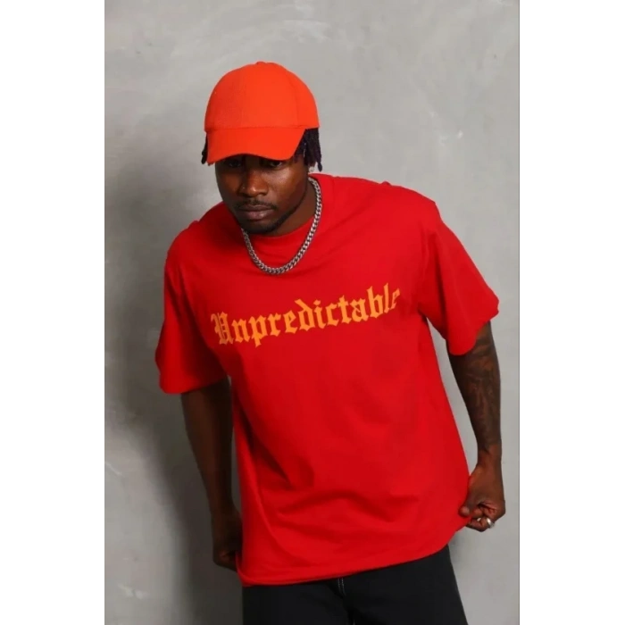 Erkek Baskılı T-Shirt Kısa Kol Bisiklet Yaka Regular Fit Rahat Kalıp Günlük Tişört - Kırmızı