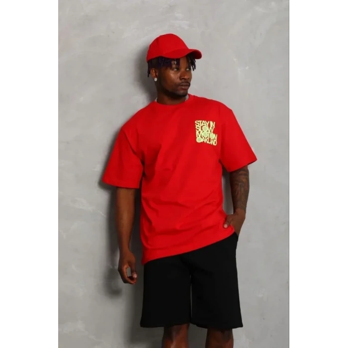 Erkek Baskılı T-Shirt Kısa Kol Bisiklet Yaka Regular Fit Rahat Kalıp Günlük Tişört - Kırmızı