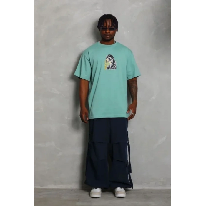 Erkek Baskılı T-Shirt Kısa Kol Bisiklet Yaka Regular Fit Rahat Kalıp Günlük Tişört - Mint Yeşili