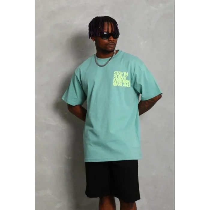 Erkek Baskılı T-Shirt Kısa Kol Bisiklet Yaka Regular Fit Rahat Kalıp Günlük Tişört - Mint Yeşili