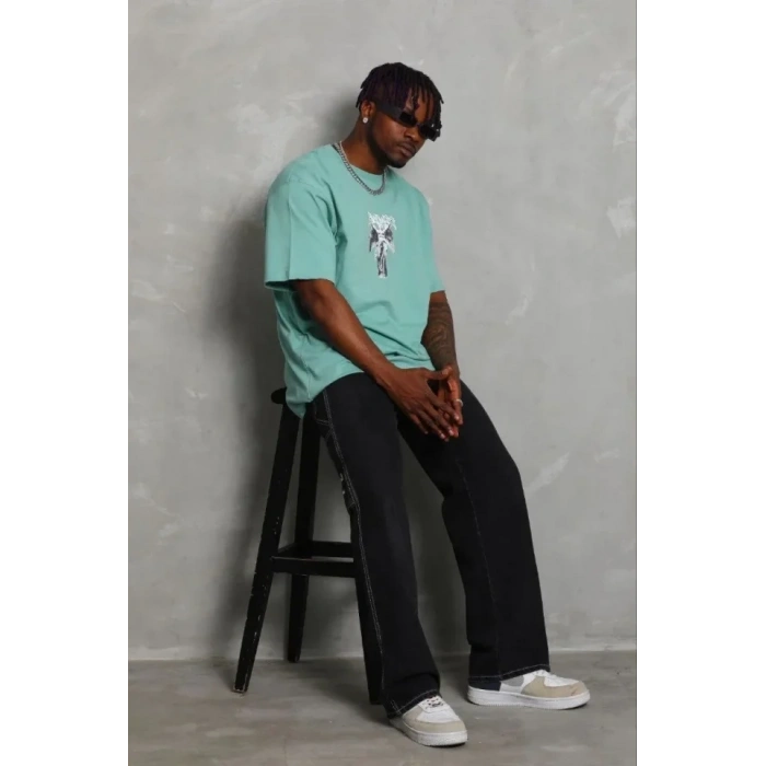 Erkek Baskılı T-Shirt Kısa Kol Bisiklet Yaka Regular Fit Rahat Kalıp Günlük Tişört - Mint Yeşili