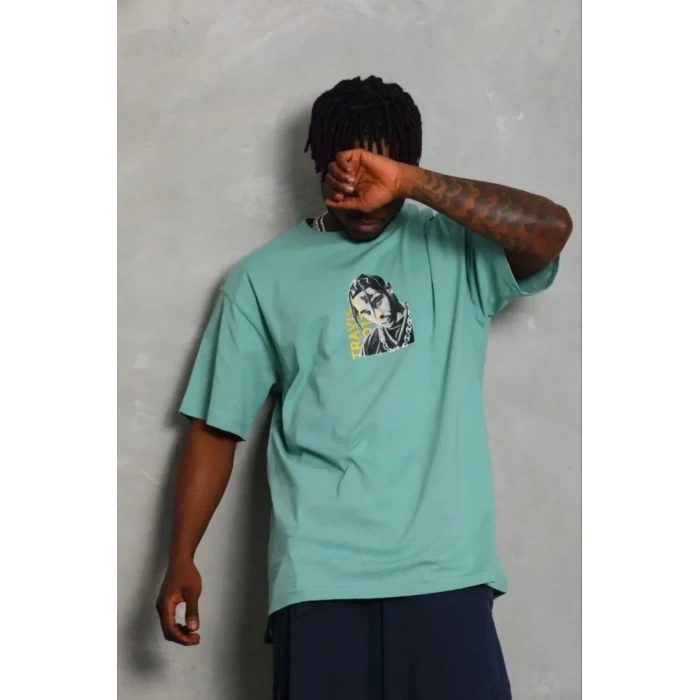 Erkek Baskılı T-Shirt Kısa Kol Bisiklet Yaka Regular Fit Rahat Kalıp Günlük Tişört - Mint Yeşili