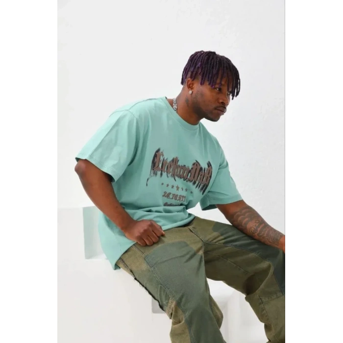 Erkek Baskılı T-Shirt Kısa Kol Bisiklet Yaka Regular Fit Rahat Kalıp Günlük Tişört - Mint Yeşili