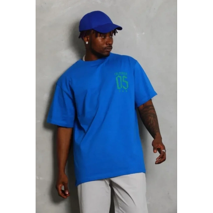 Erkek Baskılı T-Shirt Kısa Kol Bisiklet Yaka Regular Fit Rahat Kalıp Günlük Tişört - Saks Mavisi