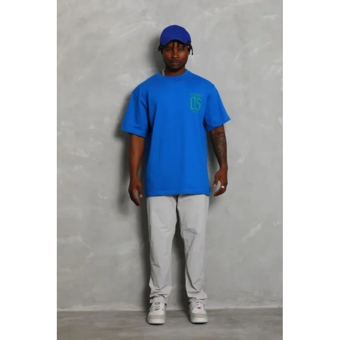 Erkek Baskılı T-Shirt Kısa Kol Bisiklet Yaka Regular Fit Rahat Kalıp Günlük Tişört - Saks Mavisi