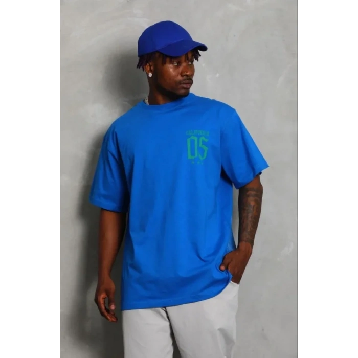 Erkek Baskılı T-Shirt Kısa Kol Bisiklet Yaka Regular Fit Rahat Kalıp Günlük Tişört - Saks Mavisi