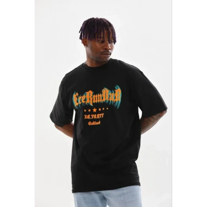 Erkek Baskılı T-Shirt Kısa Kol Bisiklet Yaka Regular Fit Rahat Kalıp Günlük Tişört - Siyah