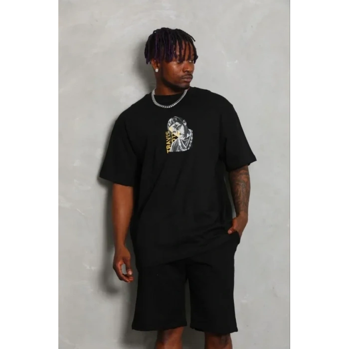 Erkek Baskılı T-Shirt Kısa Kol Bisiklet Yaka Regular Fit Rahat Kalıp Günlük Tişört - Siyah