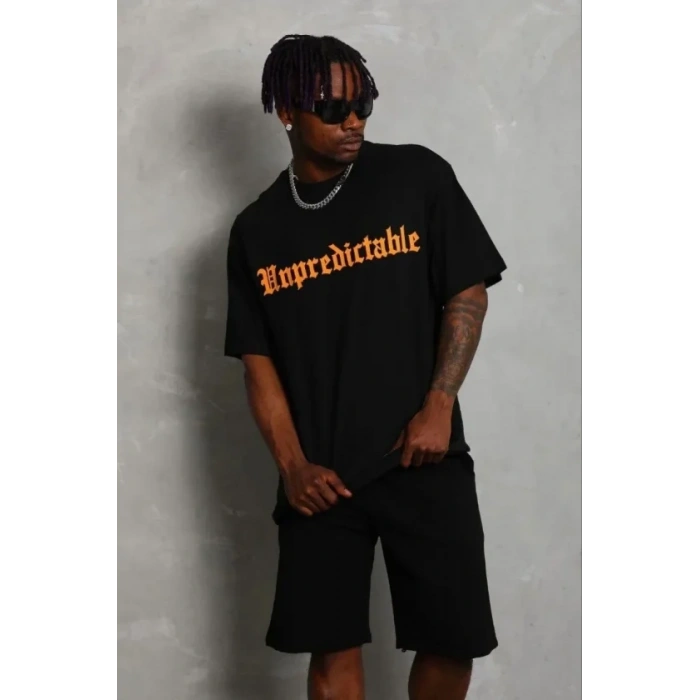 Erkek Baskılı T-Shirt Kısa Kol Bisiklet Yaka Regular Fit Rahat Kalıp Günlük Tişört - Siyah