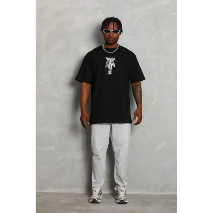 Erkek Baskılı T-Shirt Kısa Kol Bisiklet Yaka Regular Fit Rahat Kalıp Günlük Tişört - Siyah