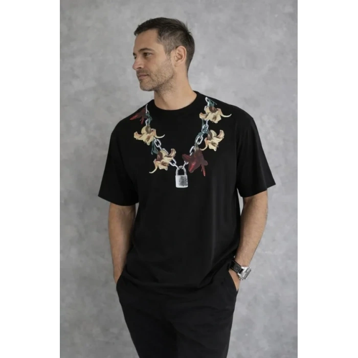 Erkek Baskılı T-Shirt Kısa Kol Bisiklet Yaka Regular Fit Rahat Kalıp Günlük Tişört - Siyah