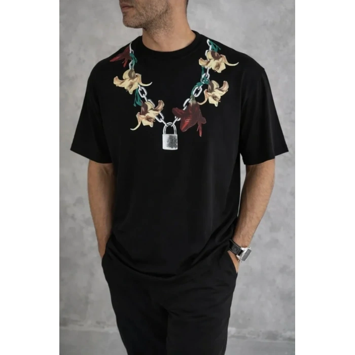 Erkek Baskılı T-Shirt Kısa Kol Bisiklet Yaka Regular Fit Rahat Kalıp Günlük Tişört - Siyah