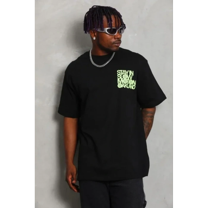 Erkek Baskılı T-Shirt Kısa Kol Bisiklet Yaka Regular Fit Rahat Kalıp Günlük Tişört - Siyah