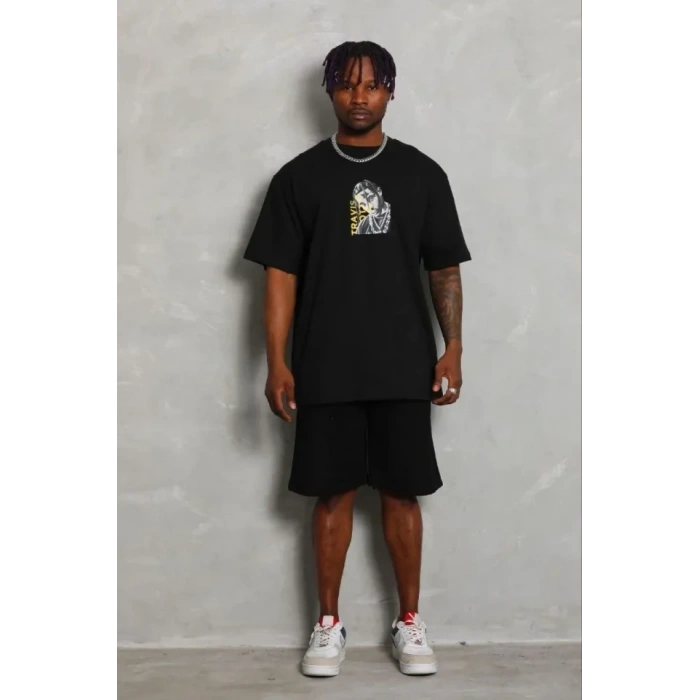 Erkek Baskılı T-Shirt Kısa Kol Bisiklet Yaka Regular Fit Rahat Kalıp Günlük Tişört - Siyah