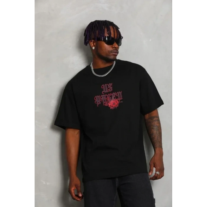 Erkek Baskılı T-Shirt Kısa Kol Bisiklet Yaka Regular Fit Rahat Kalıp Günlük Tişört - Siyah