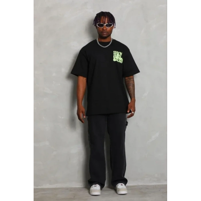 Erkek Baskılı T-Shirt Kısa Kol Bisiklet Yaka Regular Fit Rahat Kalıp Günlük Tişört - Siyah