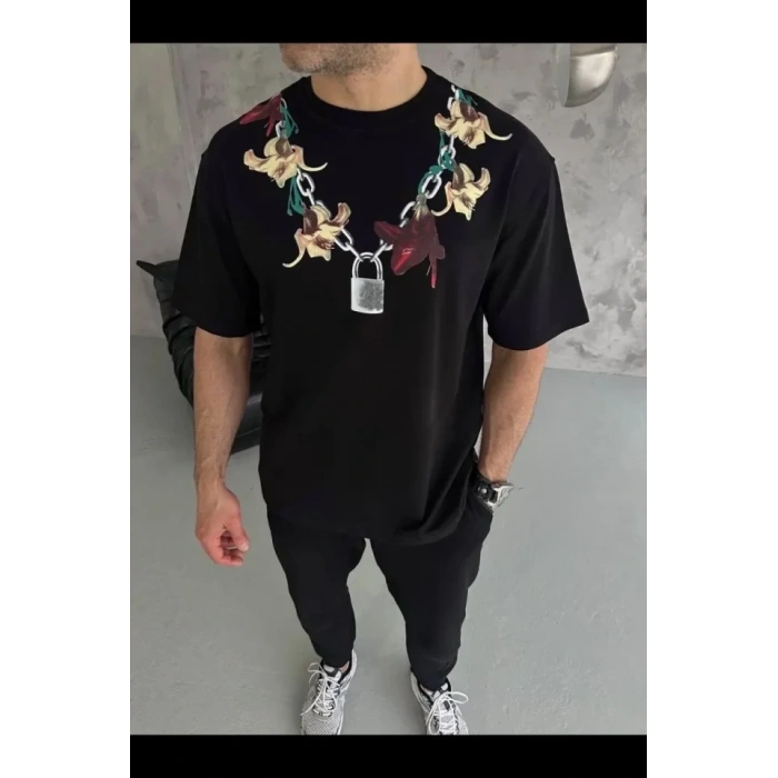 Erkek Baskılı T-Shirt Kısa Kol Bisiklet Yaka Regular Fit Rahat Kalıp Günlük Tişört - Siyah