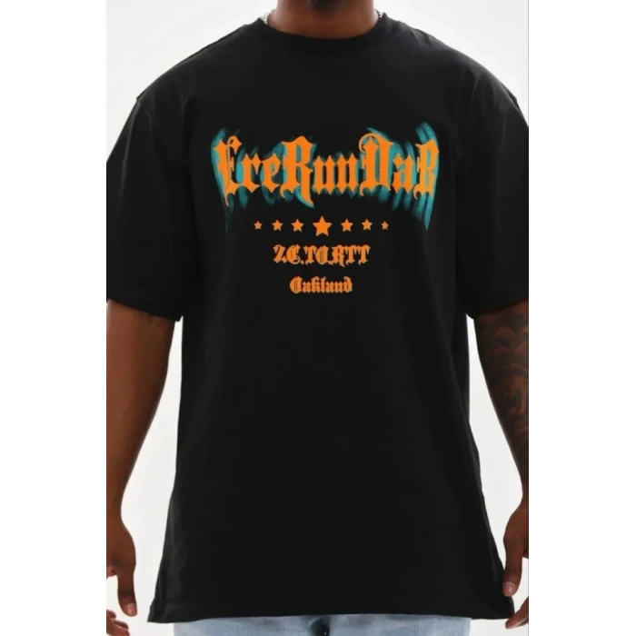 Erkek Baskılı T-Shirt Kısa Kol Bisiklet Yaka Regular Fit Rahat Kalıp Günlük Tişört - Siyah