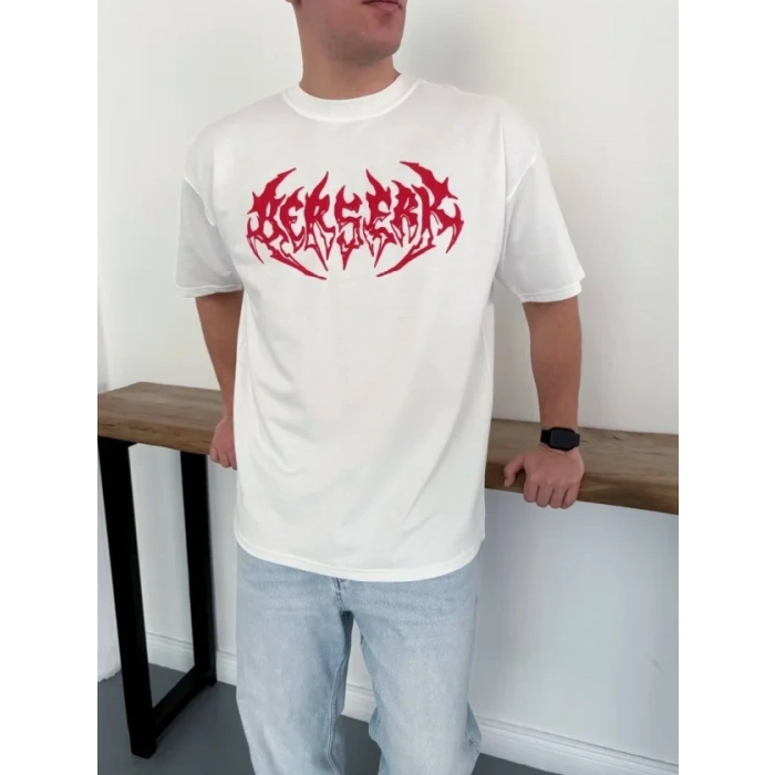 Erkek Baskılı T-Shirt Yazlık Kısa Kol Bisiklet Yaka Rahat Kalıp Tişört - Beyaz