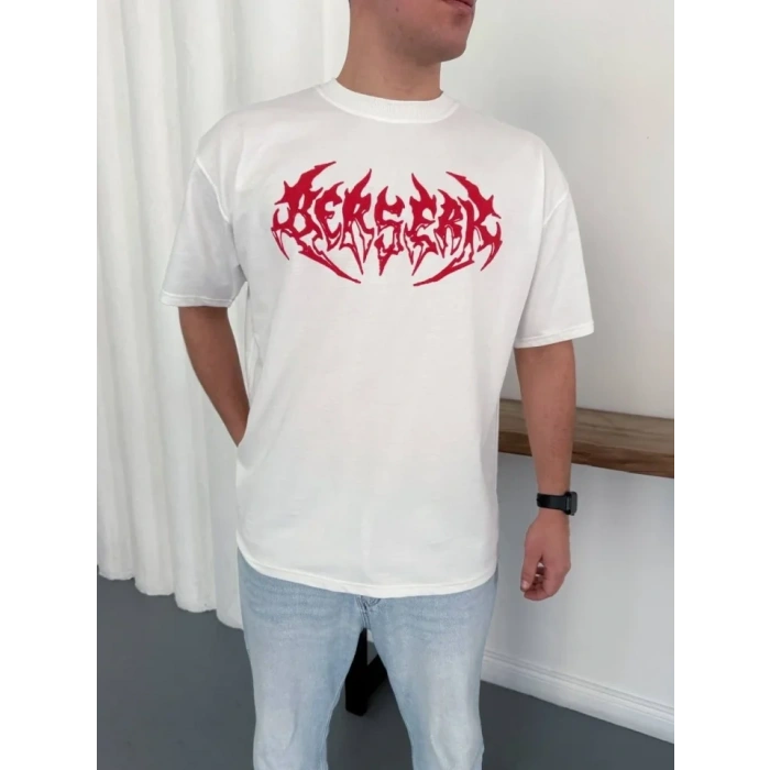 Erkek Baskılı T-Shirt Yazlık Kısa Kol Bisiklet Yaka Rahat Kalıp Tişört - Beyaz