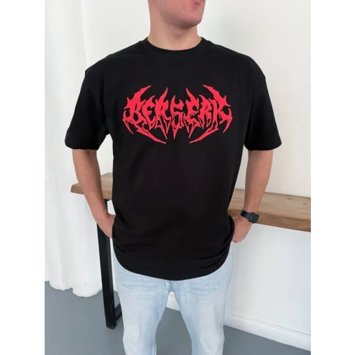 Erkek Baskılı T-Shirt Yazlık Kısa Kol Bisiklet Yaka Rahat Kalıp Tişört - Siyah