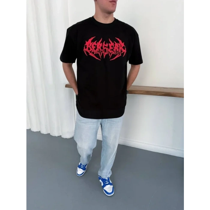 Erkek Baskılı T-Shirt Yazlık Kısa Kol Bisiklet Yaka Rahat Kalıp Tişört - Siyah