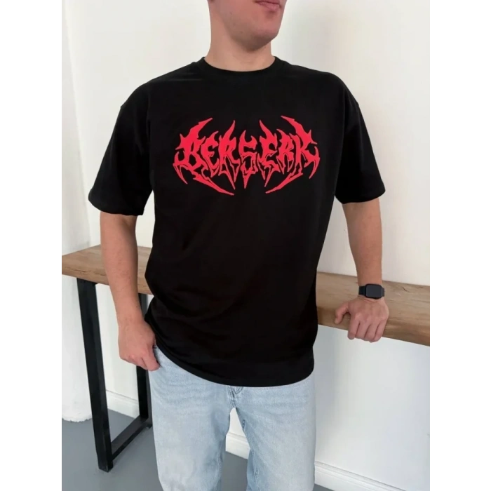 Erkek Baskılı T-Shirt Yazlık Kısa Kol Bisiklet Yaka Rahat Kalıp Tişört - Siyah