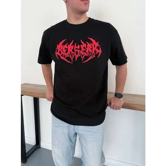 Erkek Baskılı T-Shirt Yazlık Kısa Kol Bisiklet Yaka Rahat Kalıp Tişört - Siyah