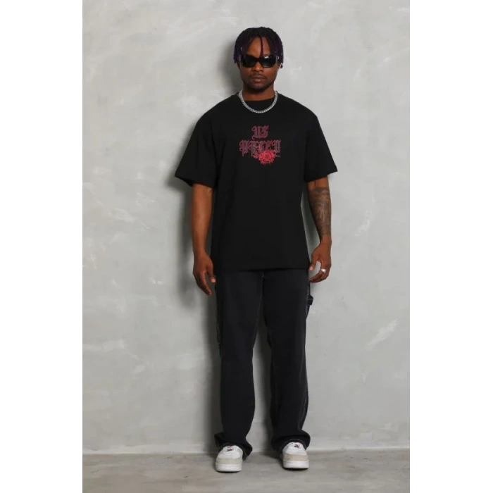 Erkek Baskılı Tişort Kısa Kol Bisiklet Yaka Ovarsize T-Shirt - Siyah