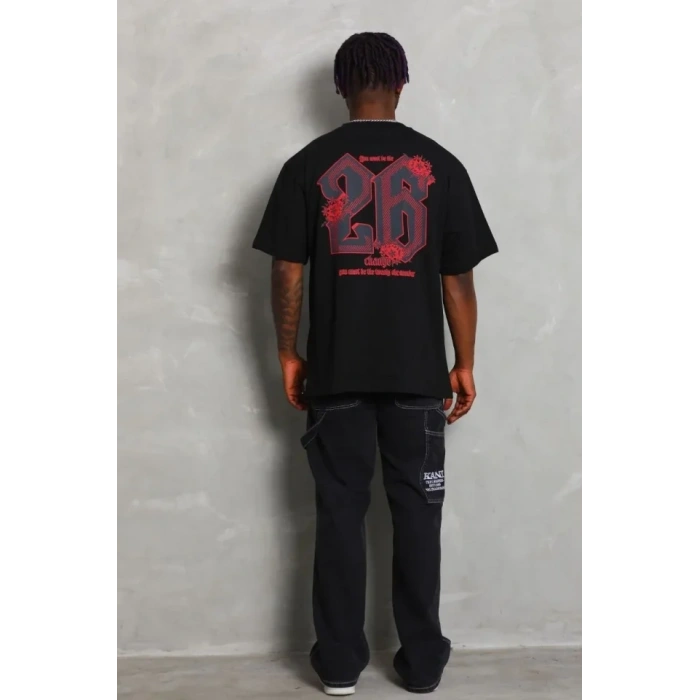 Erkek Baskılı Tişort Kısa Kol Bisiklet Yaka Ovarsize T-Shirt - Siyah