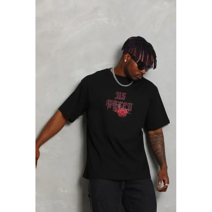 Erkek Baskılı Tişort Kısa Kol Bisiklet Yaka Ovarsize T-Shirt - Siyah