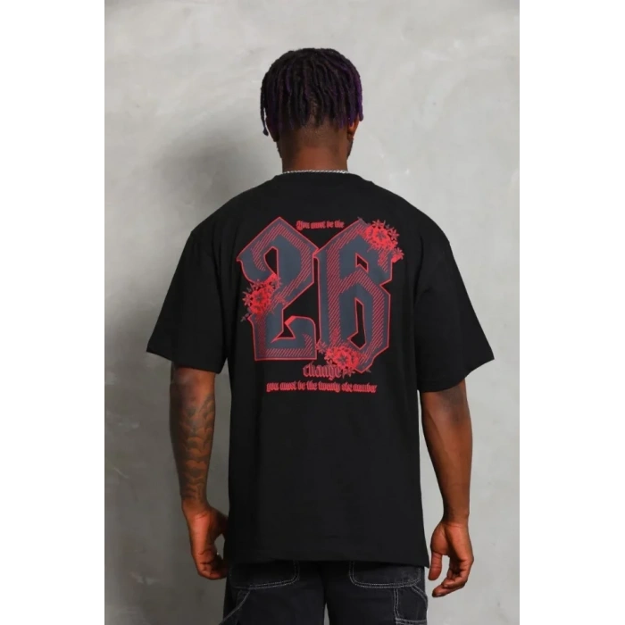 Erkek Baskılı Tişort Kısa Kol Bisiklet Yaka Ovarsize T-Shirt - Siyah