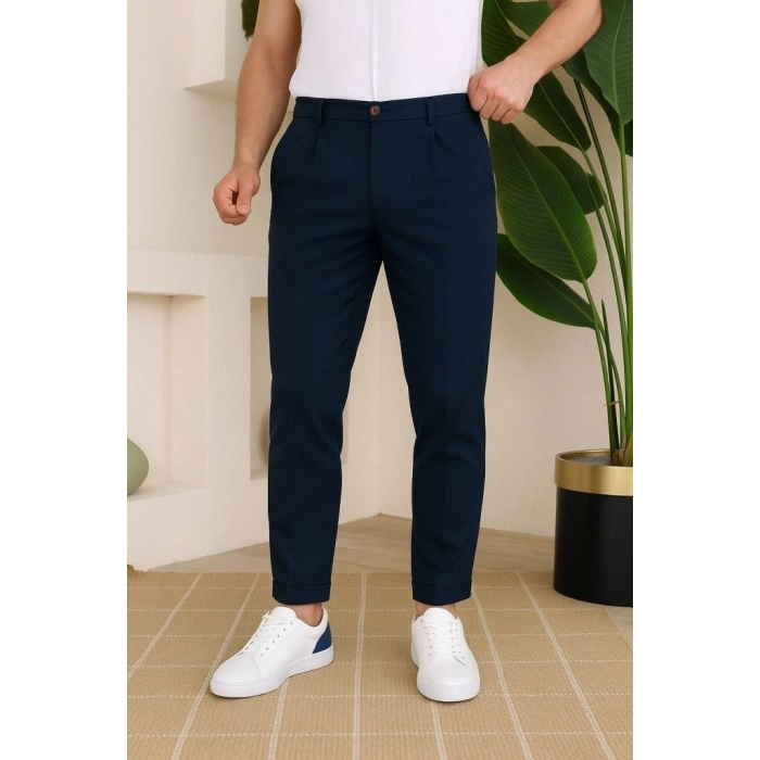 Erkek Belden Düğmeli Cepli Dokuma Pantolon