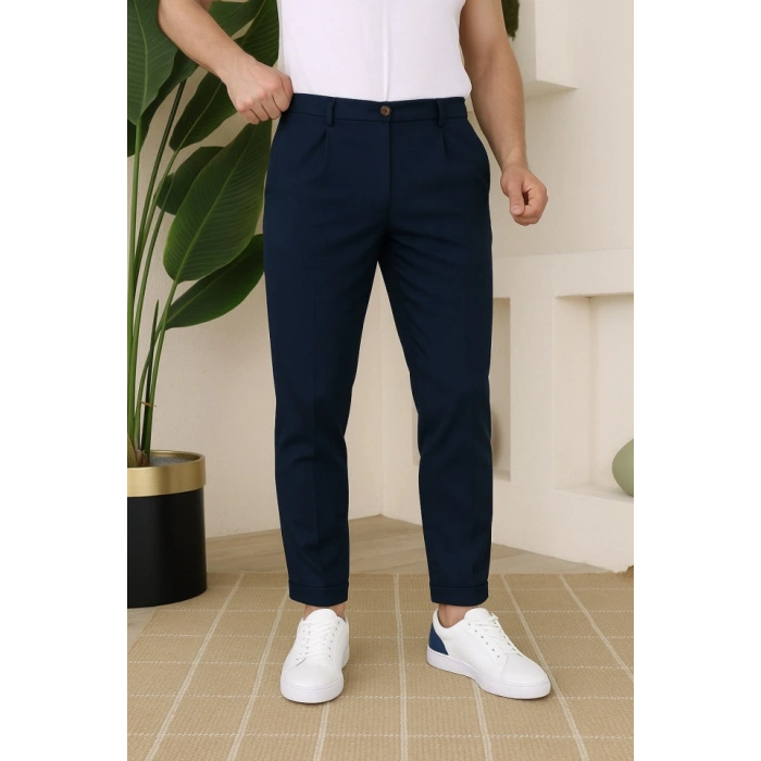 Erkek Belden Düğmeli Cepli Dokuma Pantolon