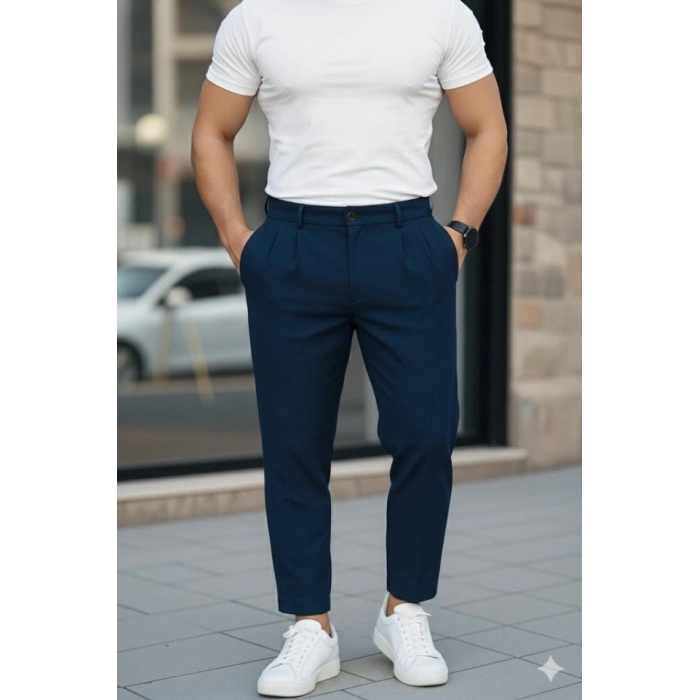 Erkek Belden Düğmeli Cepli Dokuma Pantolon