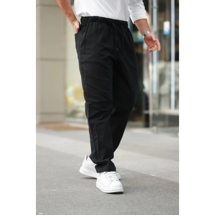 Erkek Beli Lastikli Keten Rahat Pantolon