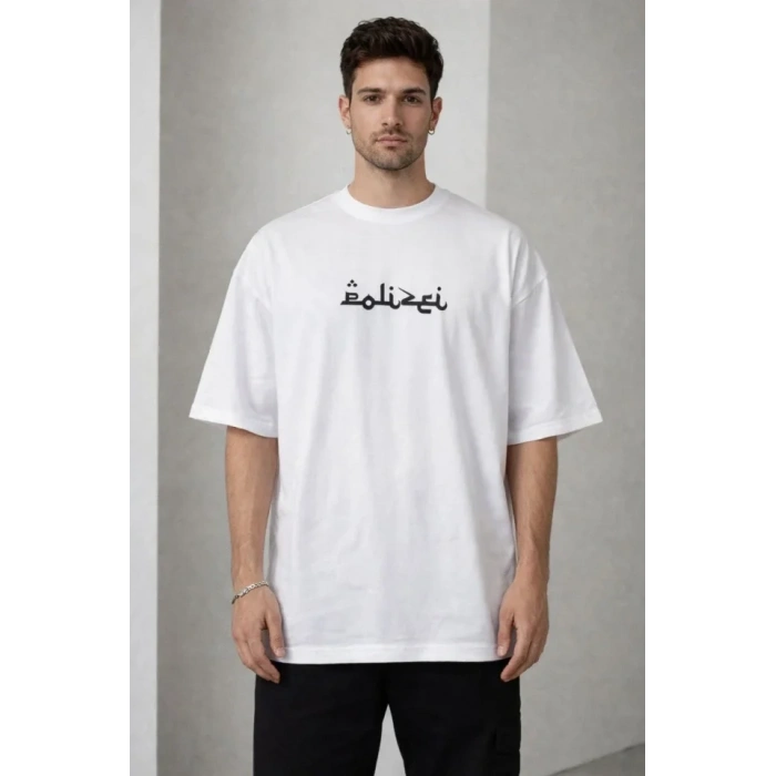 Erkek Bisiklet Yaka Baskılı Kısa Kollu Tişört Streetwear Günlük Basic Pamuklu T-shirt - Beyaz