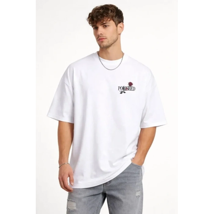 Erkek Bisiklet Yaka Baskılı Kısa Kollu Tişört Streetwear Günlük Basic Pamuklu T-shirt - Beyaz