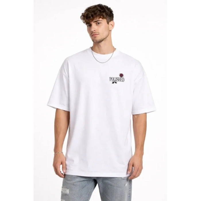 Erkek Bisiklet Yaka Baskılı Kısa Kollu Tişört Streetwear Günlük Basic Pamuklu T-shirt - Beyaz