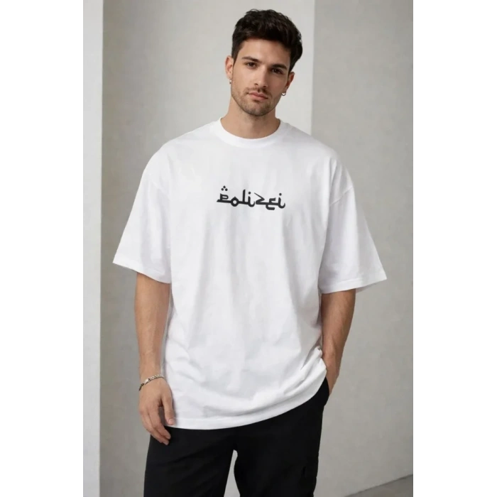 Erkek Bisiklet Yaka Baskılı Kısa Kollu Tişört Streetwear Günlük Basic Pamuklu T-shirt - Beyaz