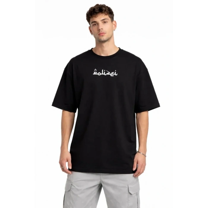 Erkek Bisiklet Yaka Baskılı Kısa Kollu Tişört Streetwear Günlük Basic Pamuklu T-shirt - Siyah