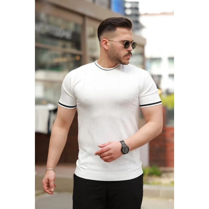 Erkek Bisiklet Yaka çizgi Desenli Ribanalı Kısa Kollu Tshirt