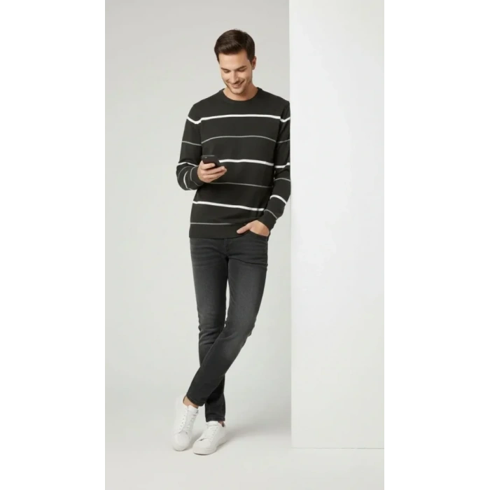 Erkek Bisiklet Yaka Cizgili Triko Kazak Yumuşak Dokulu Pamuklu Ince Dokuma, Uzun Kollu Rahat Regular Kalıp - Füme