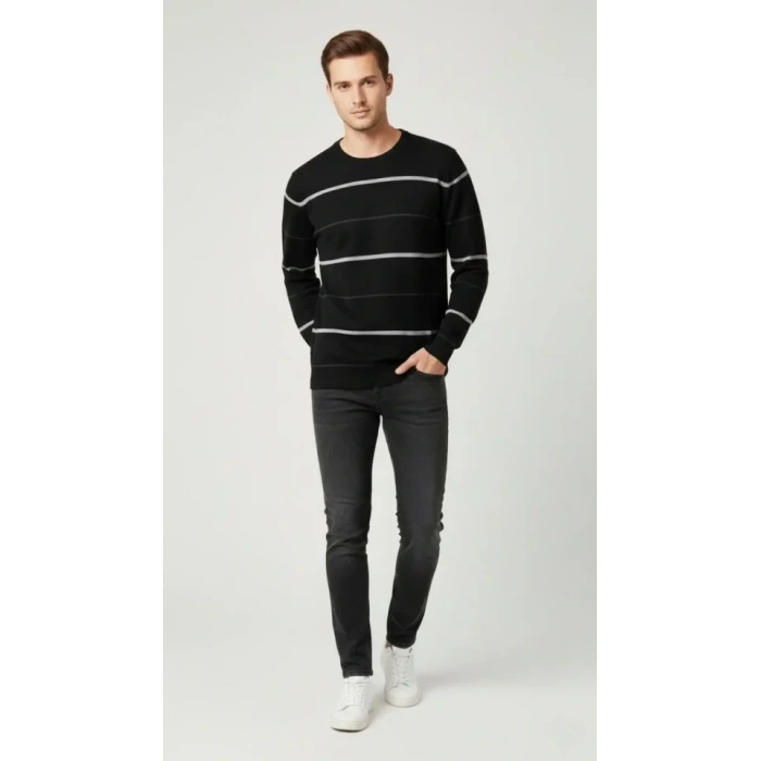 Erkek Bisiklet Yaka Cizgili Triko Kazak Yumuşak Dokulu Pamuklu Ince Dokuma, Uzun Kollu Rahat Regular Kalıp - Siyah