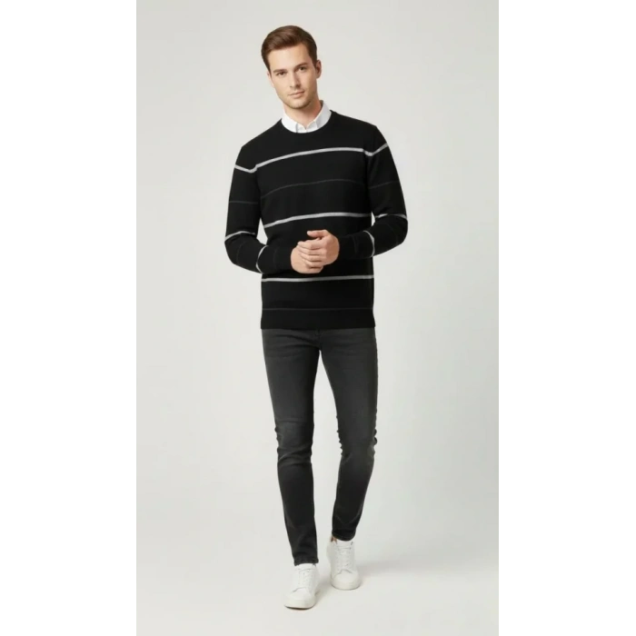 Erkek Bisiklet Yaka Cizgili Triko Kazak Yumuşak Dokulu Pamuklu Ince Dokuma, Uzun Kollu Rahat Regular Kalıp - Siyah